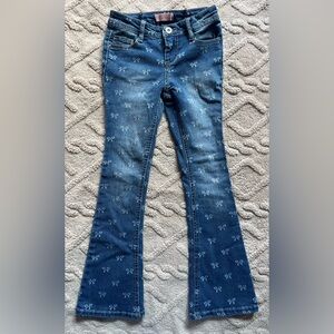 Girls Flare Jeans With Bow Designs - Medium Wash Denim Blue Jeans, Size 7